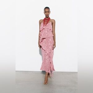 Zara pink jacquard ruffle dress